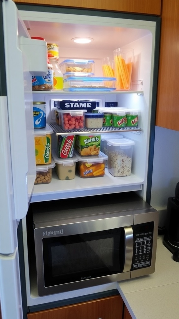 Organized dorm fridge with clear containers and a tidy microwave setup.